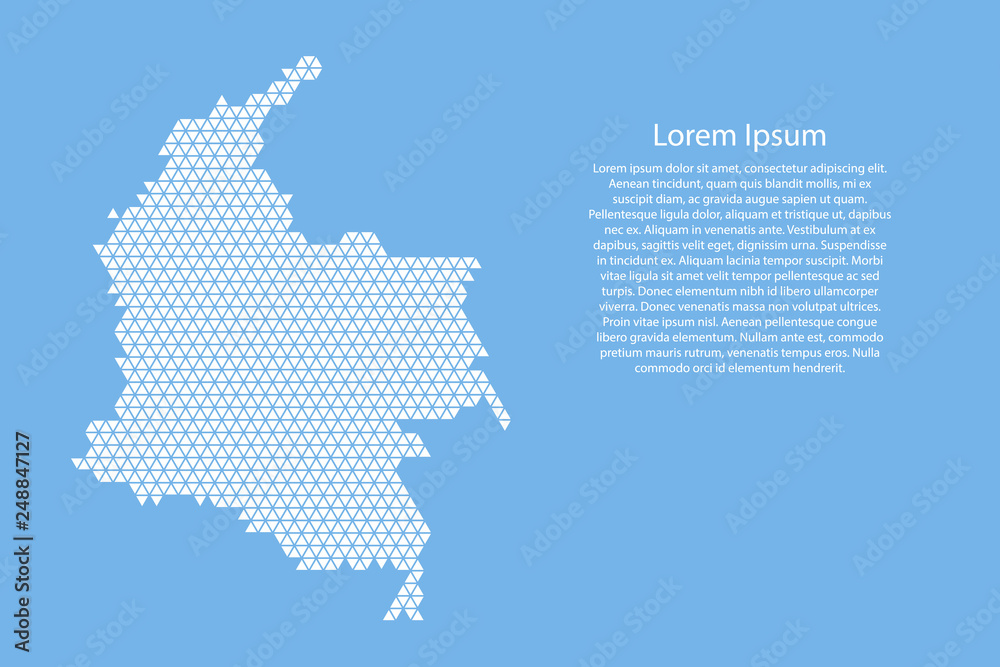 Colombia map abstract schematic from white  triangles repeating pattern geometric on light blue background with nodes for banner, poster, greeting card. Vector illustration.
