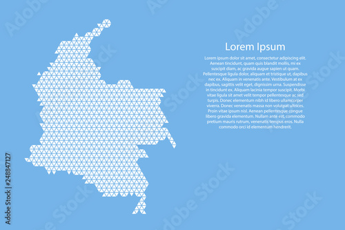 Colombia map abstract schematic from white  triangles repeating pattern geometric on light blue background with nodes for banner  poster  greeting card. Vector illustration.