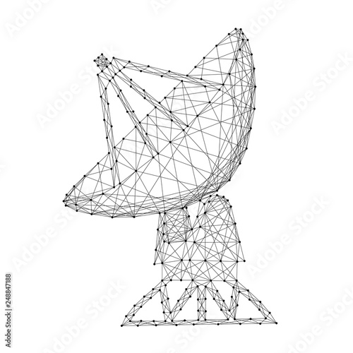 Antenna satellite dish parabolic space radar from abstract futuristic polygonal black lines and dots. Vector illustration.