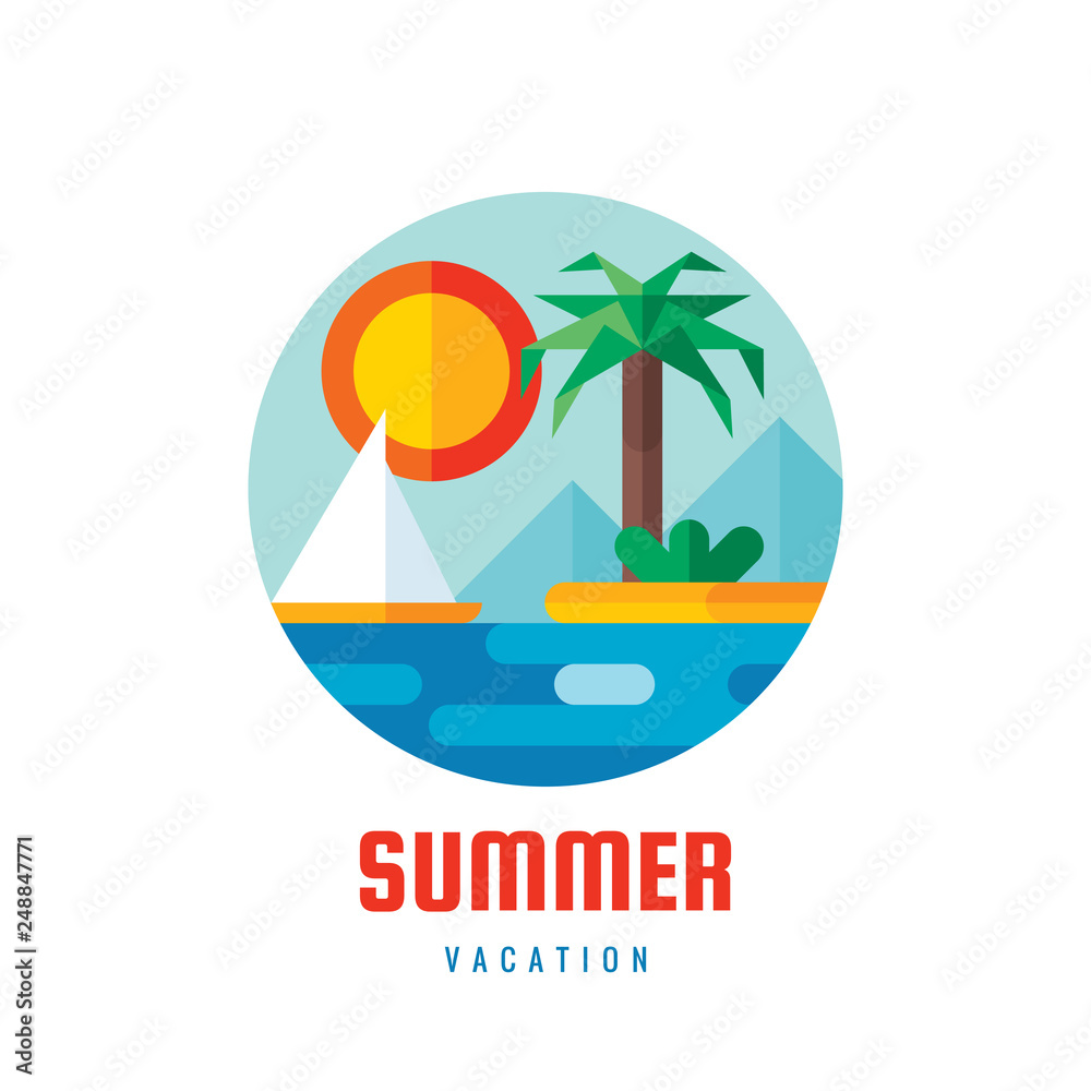 Summer vacation - vector logo template creative illustration in flat style. Travel sign.  Holiday paradise symbol. Sea, island, sun, palm, beach, sailboat. Design element. 