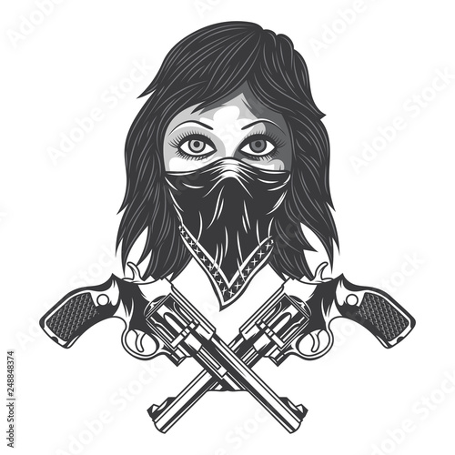 Illustration of a bandit girl with bandana and revolvers. Isolated on white background.