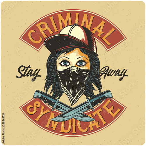 T-shirt or poster label design with illustration of a bandit girl with bandana, hat and knives. Design with lettering composition.