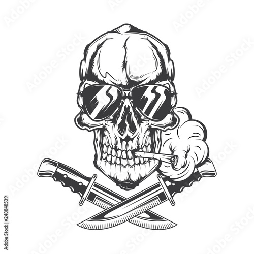 Illustration of a skull with glasses, cigarette and knives. Isolated on white background.