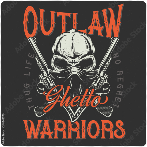 T-shirt or poster label design with illustration of a skull with glasses, cigarette and knives. Design with lettering composition.