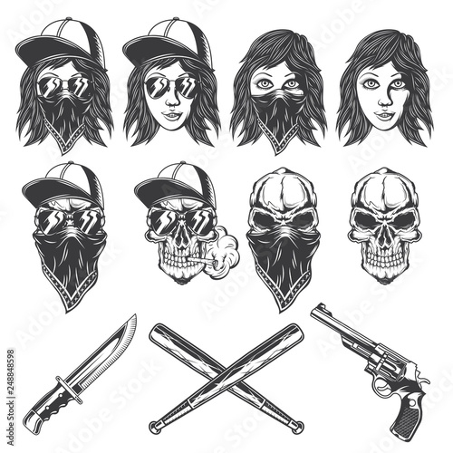 Set of isolated illustrations of bandit girls, skulls, knife, baseball bats and revolver. Isolated on white background.