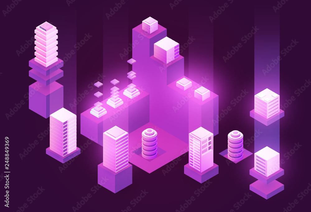 3d isometric concept big data center with server or hosting. Abstract design composition for website, banner, landing page. High technology vector illustration. 3d isometric concept big data center with server or hosting. Abstract design composition for website, banner, landing page. High technology vector illustration.