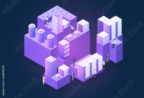 3d isometric concept big data center with server or hosting and peoples. Abstract design composition for website, banner, landing page. High technology vector illustration.