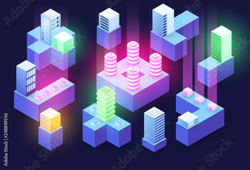 3d isometric concept big data center with server or hosting. Abstract design composition for website, banner, landing page. High technology vector illustration.