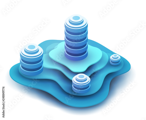 3d isometric concept big data center with server or hosting. Abstract design composition for website, banner, landing page. High technology vector illustration.