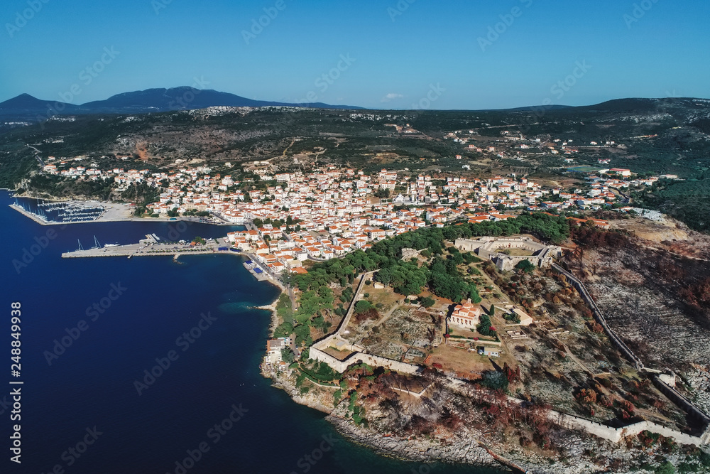 aerial view of Pylos historically also known under its Italian name Navarino, is a town and a former municipality in Messenia, Peloponnese, Greece