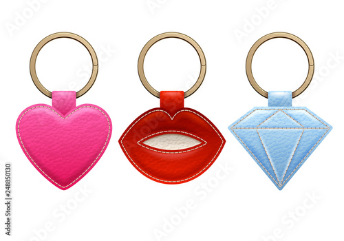 Leather key rings set. Key chains accessory design.