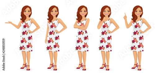 Woman character in dress set with flower print isolated