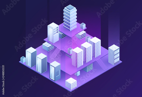 3d isometric concept big data center with server or hosting. Abstract design composition for website, banner, landing page. High technology vector illustration.