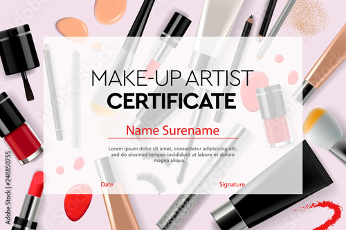 Certificate makeup artist, education, makeup school, vector illustration.