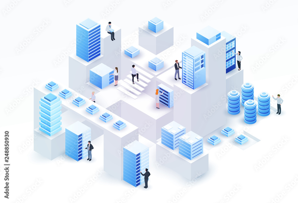 3d isometric concept big data center with server or hosting and peoples. Abstract design composition for website, banner, landing page. High technology vector illustration.