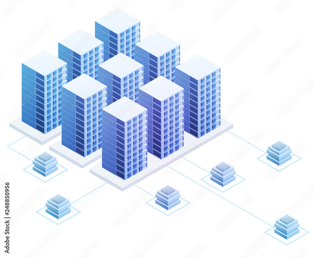 3d isometric concept big data center with server or hosting. Abstract design composition for website, banner, landing page. High technology vector illustration. 3d isometric concept big data center with server or hosting. Abstract design composition for website, banner, landing page. High technology vector illustration.