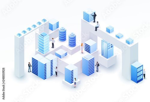 3d isometric concept big data center with server or hosting and peoples. Abstract design composition for website, banner, landing page. High technology vector illustration.