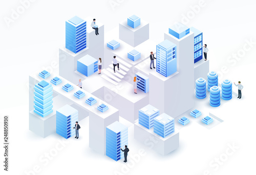 3d isometric concept big data center with server or hosting and peoples. Abstract design composition for website, banner, landing page. High technology vector illustration. photo