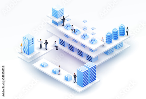 3d isometric concept big data center with server or hosting and peoples. Abstract design composition for website, banner, landing page. High technology vector illustration.