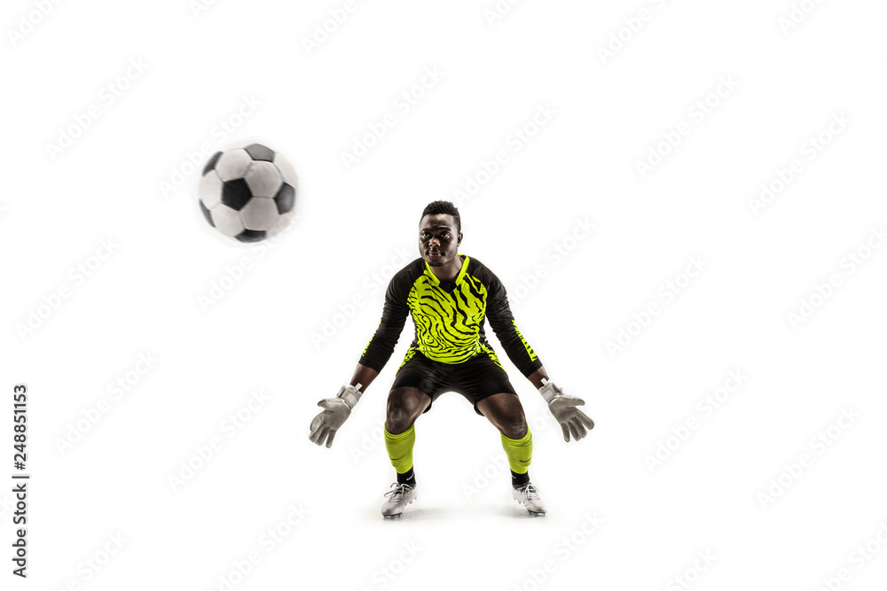 Goalkeeper ready to save on white studio background. Soccer football concept Goalkeeper ready to save on white studio background. Soccer football concept