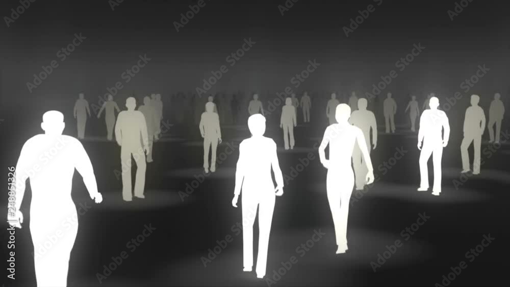 Group of silhouetted people walking away from camera in unison. One silhouette starts emitting their own light and becomes a beacon in the crowd who start to illuminate also , spreading through the cr