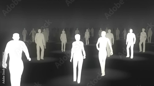Group of silhouetted people walking away from camera in unison. One silhouette starts emitting their own light and becomes a beacon in the crowd who start to illuminate also , spreading through the cr