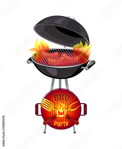 BBQ hot party barbecue brazier, mangal and flames in it. Isolated icons set vector. Frying pan with text, spatula and fork, roasting sausages on grid