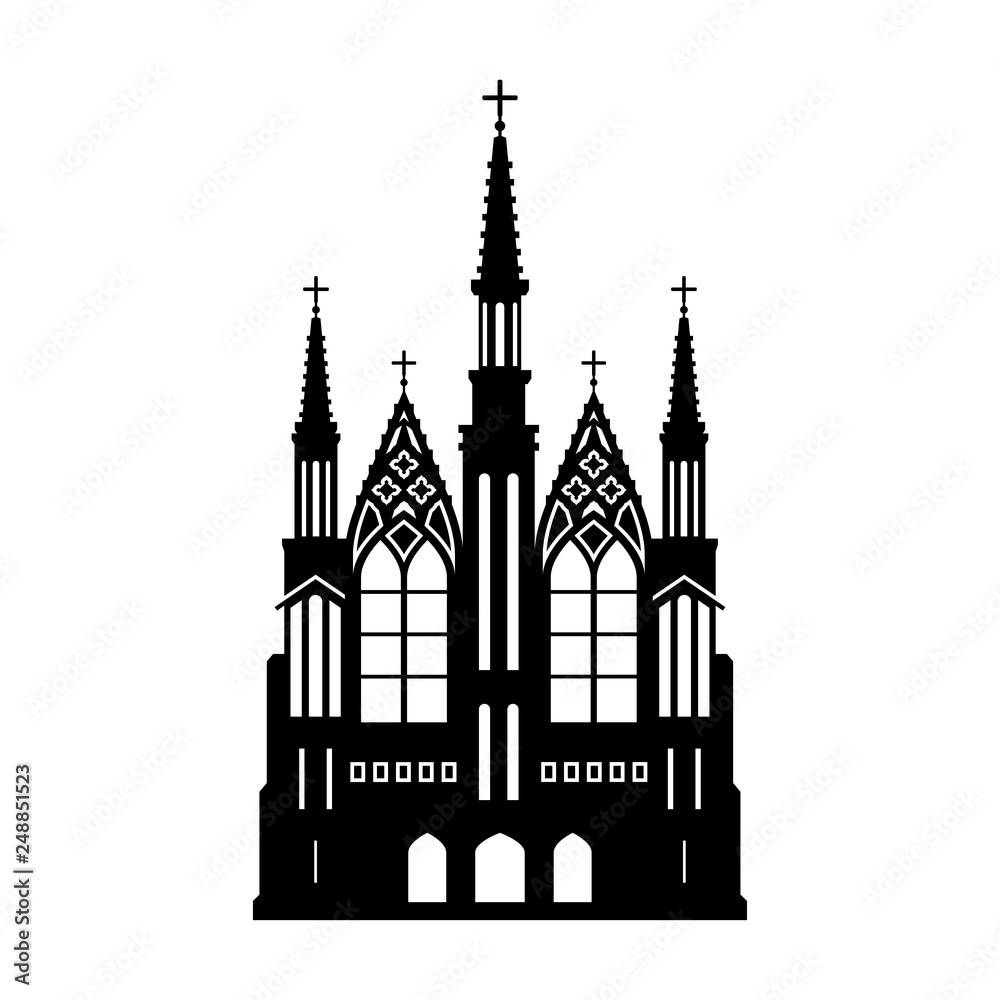 Black silhouette of gothic church. Isolated drawing of cathedral build. Fantasy architecture. European medieval landmark. Design element