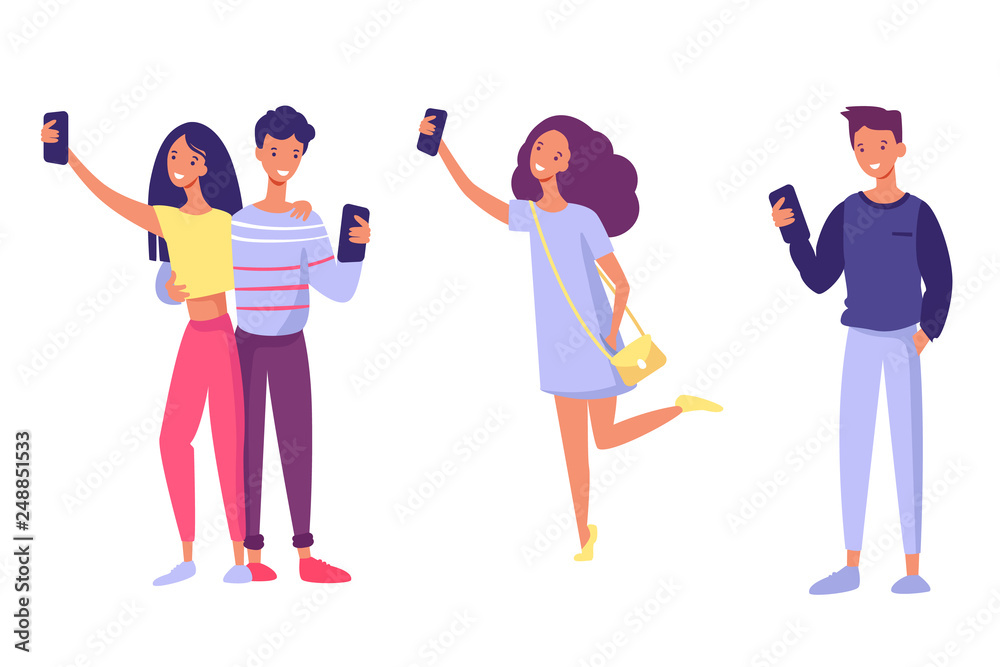Set of modern looking people and couple with phones take a selfie. Colorful vector illustration in flat cartoon style isolated on white background. Flat design. Set of modern looking people and couple with phones take a selfie. Colorful vector illustration in flat cartoon style isolated on white background. Flat design.