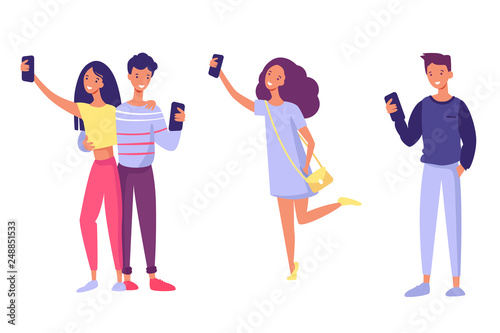Set of modern looking people and couple with phones take a selfie. Colorful vector illustration in flat cartoon style isolated on white background. Flat design.