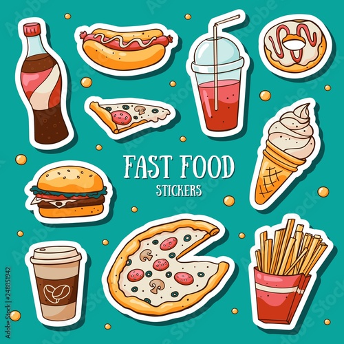 Fast food stickers set on blue background. Vector collection of hand drawn doodle stickers with meals and drinks: hamburger, pizza, soda, french fries, hot dogs, ice cream, donut. 