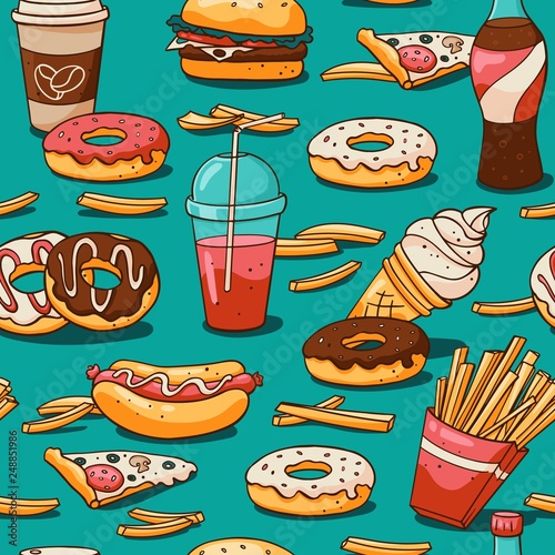 Seamless fast food pattern. Cute doodle hand drawn elements: donuts, fries, burger, pizza and coffee. Cute vector cartoon backdrop for fabric, wrapping paper. Cafe menu background.
