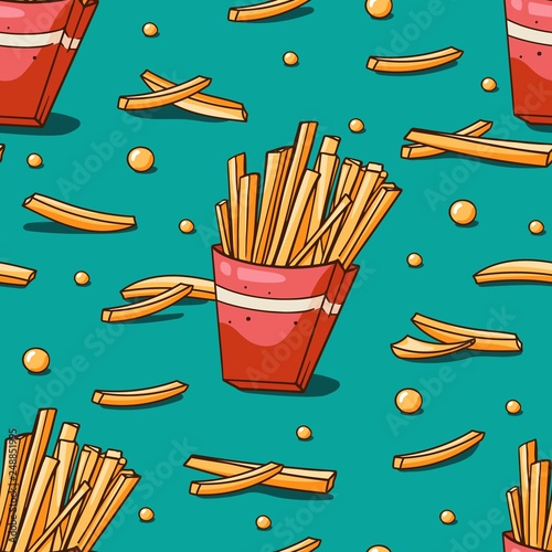 Seamless pattern with french fries. Hand drawn fries on blue background. Cute vector cartoon fast food background. Perfect for wrapping, fabric and cafe menu backdrop.