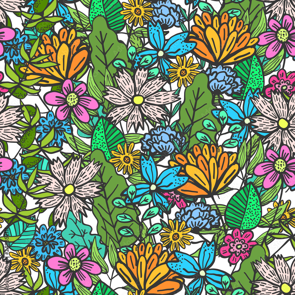 Cute doodle floral seamless pattern with mess of colorful flowers and leaves. Childish naive texture with outline blossoms and herbs bouquet for textile, wrapping paper, background, surface, wallpaper