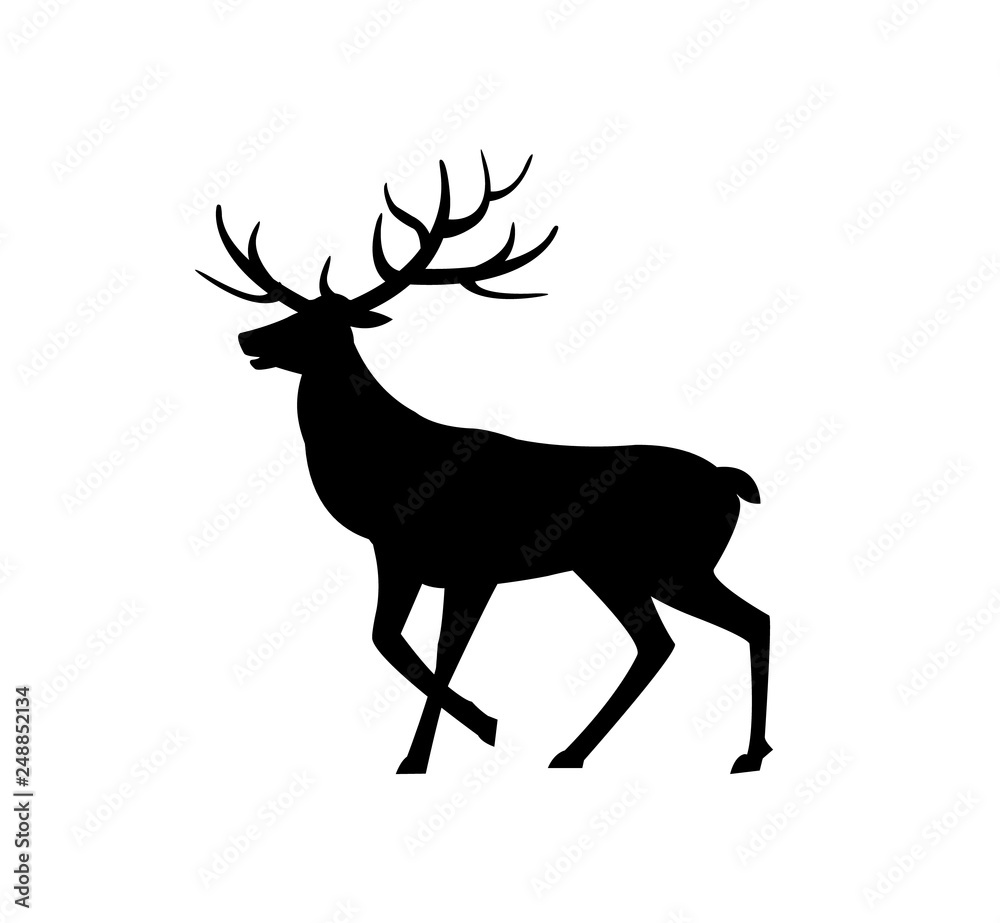 Deer animal with horns isolated icon silhouette vector. Wild life mammal with fur, character living in forests, winter stag, drawing of moose zoo Deer animal with horns isolated icon silhouette vector. Wild life mammal with fur, character living in forests, winter stag, drawing of moose zoo