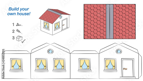 House paper model. Easy template - comic cottage with white walls and red roof. Cut out, fold and glue it. Isolated vector illustration on white background.