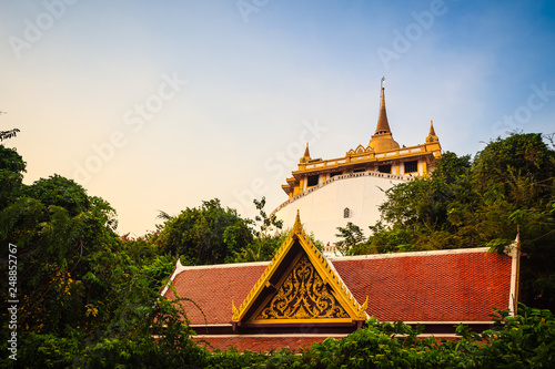 Beautiful view of Wat Saket Ratcha Wora Maha Wihan  Wat Phu Khao Thong  Golden Mount temple   a popular Bangkok tourist attraction and has become one of the symbols of the city.