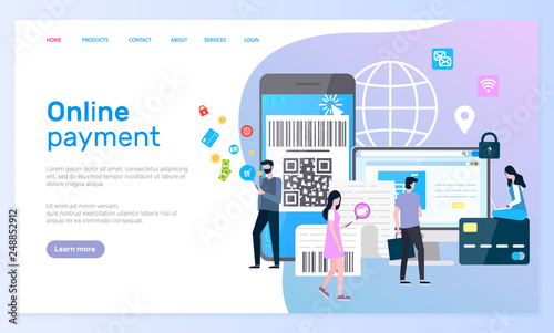 Online payment security cell phone with globe sign vector. People working with internet technologies connected with finance and money transfers site. Website or webpage, landing page in flat style