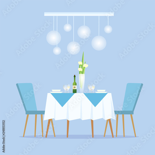 Restaurant with light color decoration interior vector. Fine cuisine, vase with flowers and bottle of alcoholic drink champagne banquet for celebration