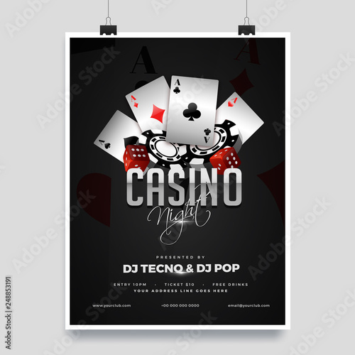 Casino night party template design with casino element on shiny black background and venue details.