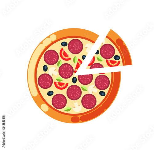 Pizza slice vector, pizzeria Italian food cuisine isolated icon. Rounded meal with salami, mushrooms and olives, greenery and tomatoes, crust bakery