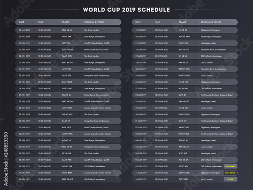 Vector illustration of world cup match schedule list with time, competitive teams and venue details.