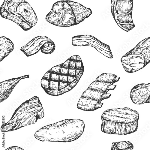 Cartoon seamless pattern with different meat products. Vintage retro vector background.