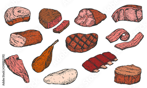 Set of hand drawn sketch meat products isolated on white background. Vector vintage retro illustration.