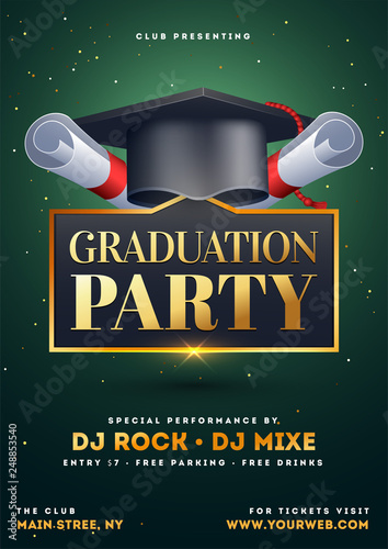 Graduation party template or flyer design with illustration of mortar board on green background.