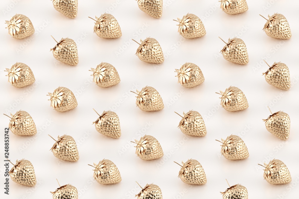 Minimal fruit pattern. Golden strawberries on white background. 3D Rendering. Minimal fruit pattern. Golden strawberries on white background. 3D Rendering.