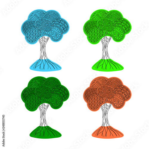 Contour hand drawing zendoodle tree. Stylization and fantasy. Four seasons: spring, summer, autumn, winter. Isolated element. Vector illustration.