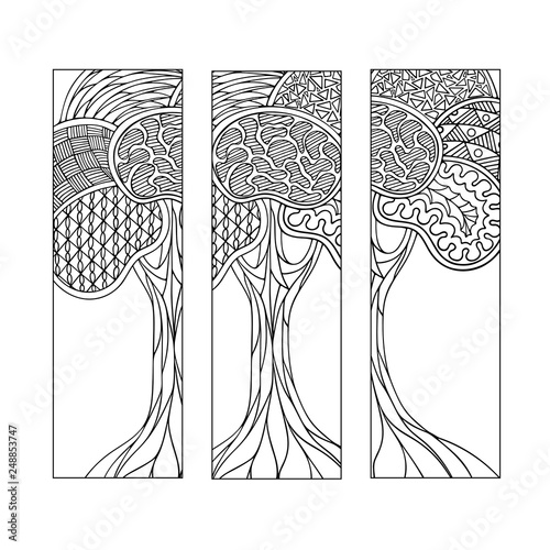 Set of three bookmarks. Black and white hand drawing zendoodle tree. Coloring book for children and adults. Vector illustration.