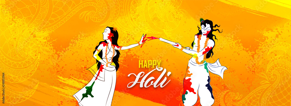 Lord Krishna With Goddess Radha Celebrating Festival Of Colors On Abstract  Floral Background. Holi Festival Celebration Header Or Banner Design. Stock  Vector | Adobe Stock