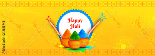 Happy Holi header or banner design with illustration of color pots and water guns on yellow background with decorative florals.
